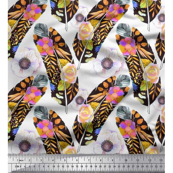 Soimoi Cotton Poplin Fabric Leaves,Anemone & Feather Printed Craft Fabric by the Yard 42 Inch Wide