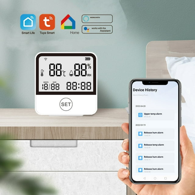 COFEST Smart WiFi Temperature and Humidity Detector Temperature and Humidity Sensor Smart Linkage Alarm Phone APP Remote Monitoring with Time and Date White