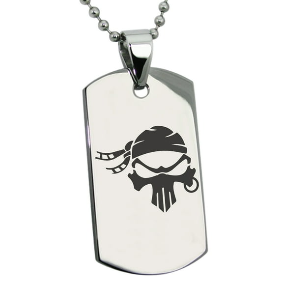 Stainless Steel Pirate Bandit Skull Engraved Dog Tag Pendant Necklace