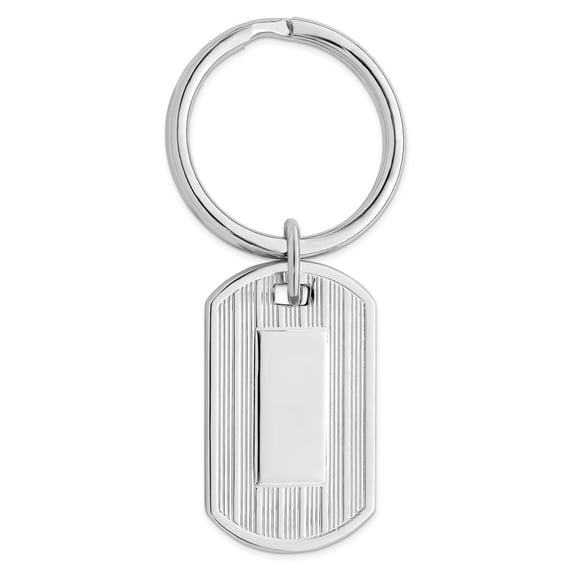 Solid Polished Patterned Engravable Silver Plated and Rhodium Etched Lines Key Ring Jewelry for Men