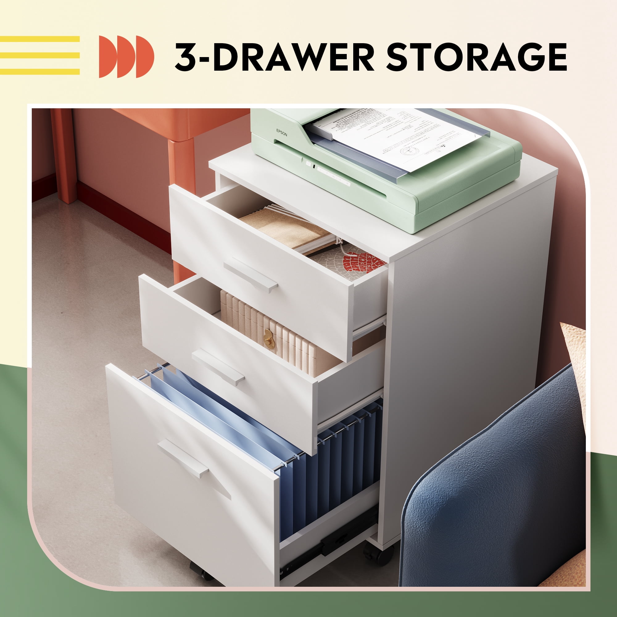 GALAXHERO 3-Drawer Wood Mobile Filing Cabinet, Rolling File Cabinet for Home Office, Fits Letter/A4 Size Files, White