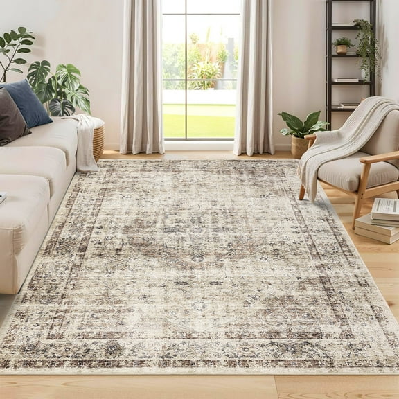 Haperlare Vintage Distressed Area Rugs Machine Washable Stain-Resistant Rugs for Kitchen Beige Oriental Ultra-Thin Soft Rugs for Dining Room,5'x7' Throw Rugs