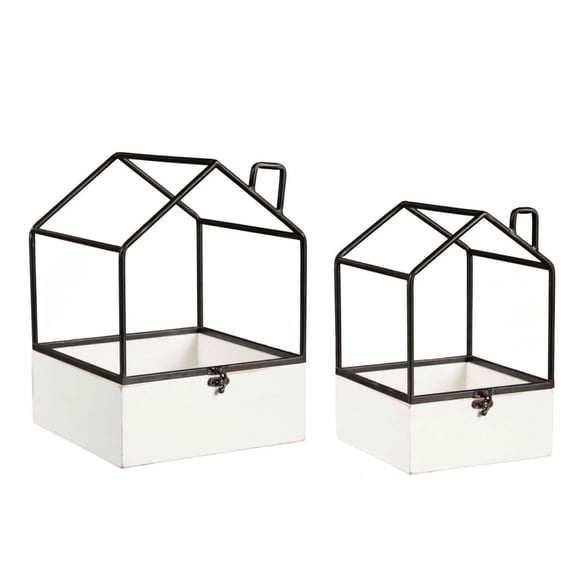House Shaped Metal and Wood Terrarium, Set of 2