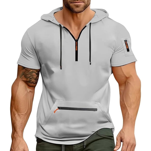 Styesk T Shirts for Man Men Solid Color Summertime Short Sleeve Hooded Zipper Pocket Shirt Top