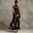 thumbnail image 2 of BODOAO Maxi Dresses for Women Floral Halter Neck Sleeveless Chiffon Pleated Long Dress, Flowy Summer Wedding Guest Outfit for Beach Vacation and Special Events Black L, 2 of 7