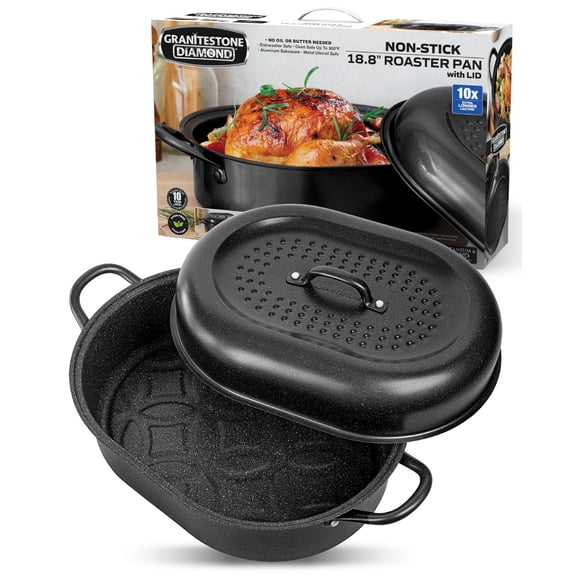 Granitestone Diamond Black 18.8 inch Nonstick Oval Roasting Pan With Lid Dishwasher Oven Safe Cookware