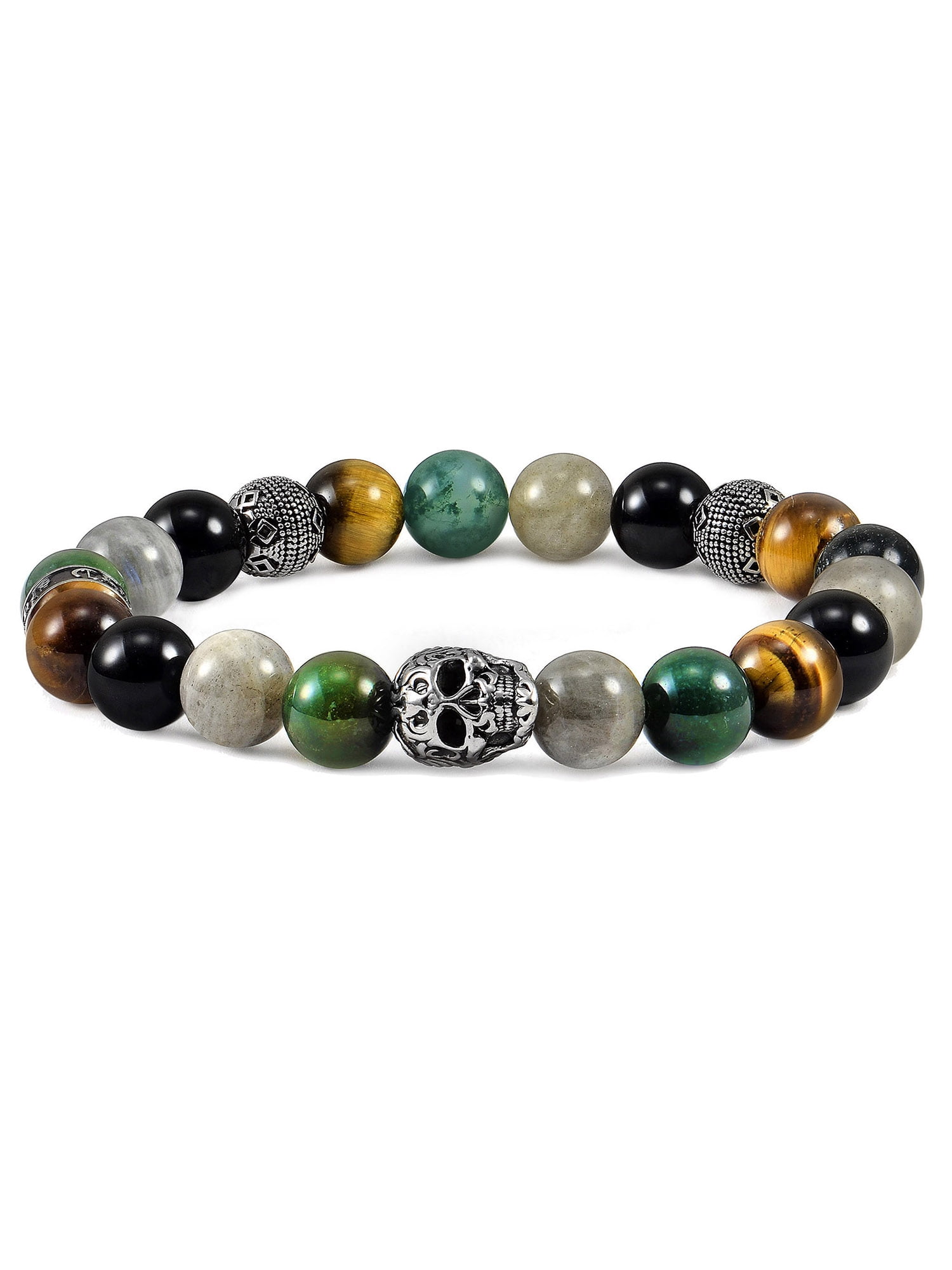 Natural Gemstone Men ELASTIC CRYSTAL SKULL bracelet BLACK AGATE beads 