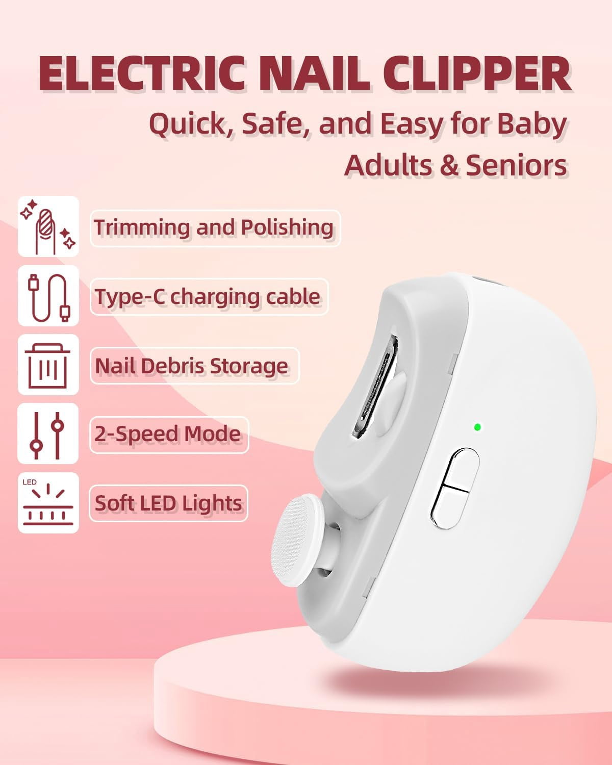TrendMallOasis 2026 Upgraded Electric Nail Clipper, 3 in 1 Automatic Nail Trimmer and Polisher with LED Light & Clip Storage,USB Rechargeable - 2 Speeds Electric Nail File for Baby, Adults, Seniors