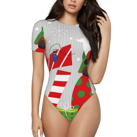 Vsdgher Christmas Gnome With Love Prinr Short Sleeve Body suit for Womens  Sexy Onesie One Piece Round Neck Bodysuit Shapewear Tummy Control-Medium