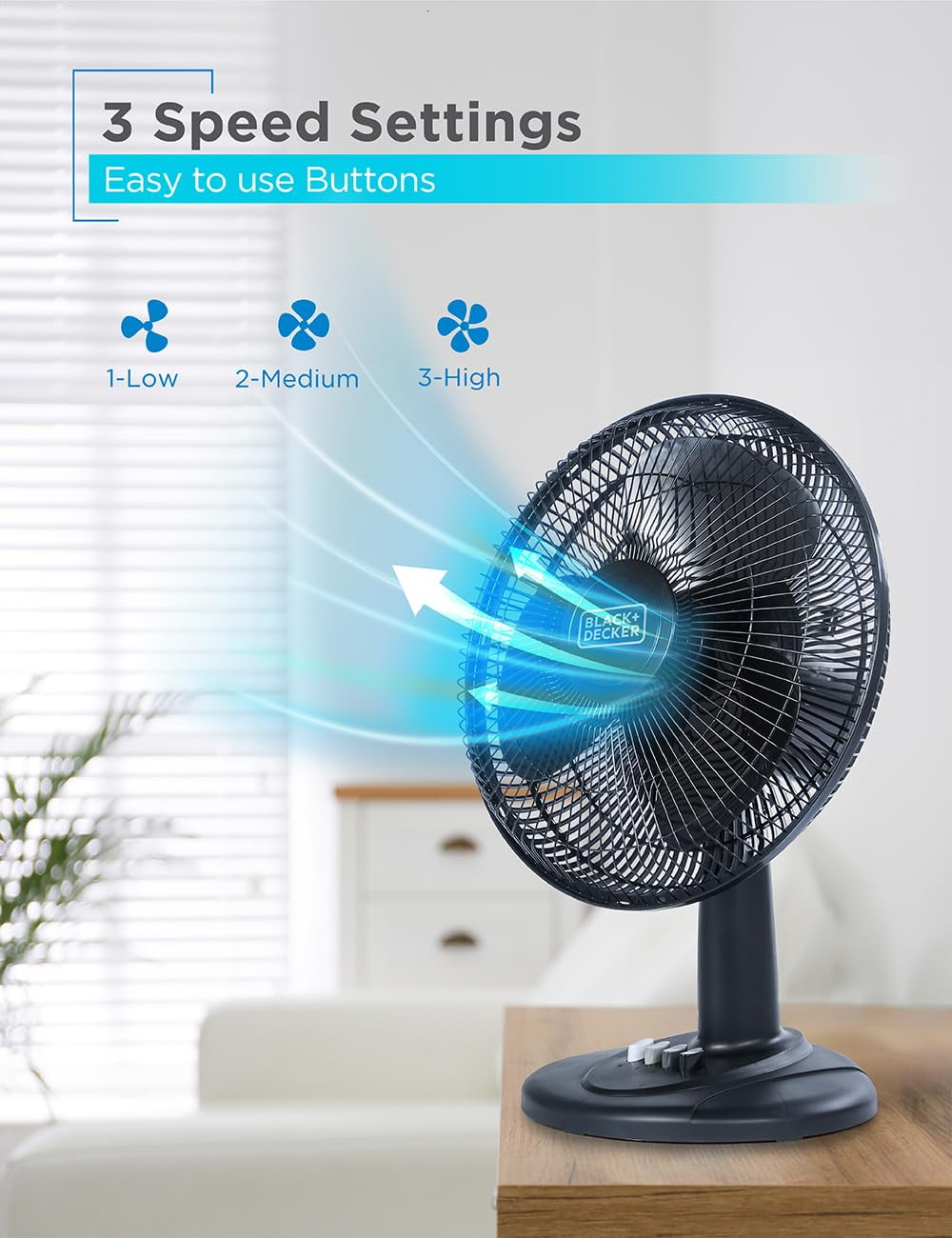 BLACK+DECKER Desk Fan for Home and Office, 12" Fan with 3 Speed Settings, Oscillating Portable Fan for Office Desk, Table Top and Kitchen Table with Adjustable Tilt, White
