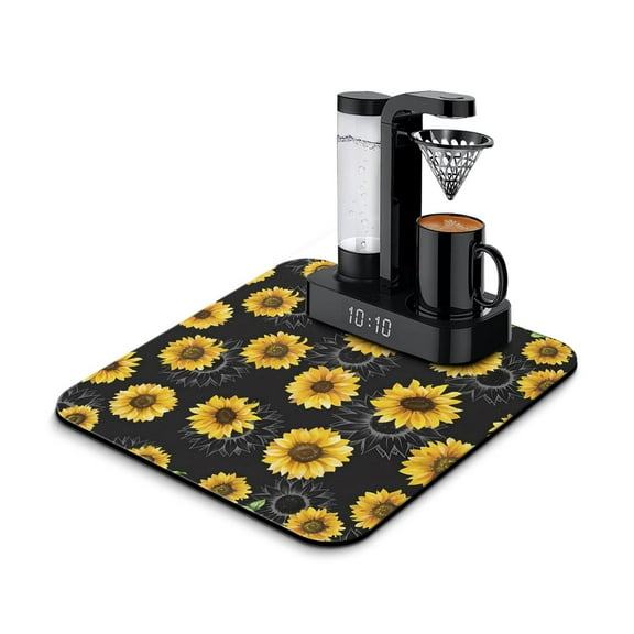 Boho Sunflower Coffee Bar Mat - Absorbent Vintage Mat for Coffee Machine, Non-Slip Kitchen Counter Mat with Yellow Bloom