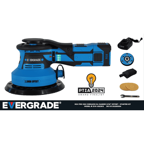 EVERGRADE Professional AWARD WINNING Finalist - RGX Pro 332, 5" & 6" Cordless DA Random Orbit Sander (3/32", 2.5 mm Offset) - STARTER KIT - Woodworking, Auto Body, Paint Prep (Fine Finish)