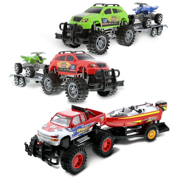 Mozlly Bundle of 2 Friction Powered Monster Trucks with ATV Trailer Playset & Push Powered Monster Truck with Speed Boat Transport Toys - Push & Go Toy Cars For Girls & Boys, 3 Pc Set, Styles May Vary