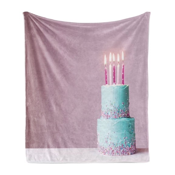 Birthday Party Soft Flannel Fleece Throw Blanket, Candles on Ornamental Tiered Cake Image Against Plain Backdrop, Cozy Plush for Indoor and Outdoor Use, 70" x 90", Dried Rose Pale Blue, by Ambesonne