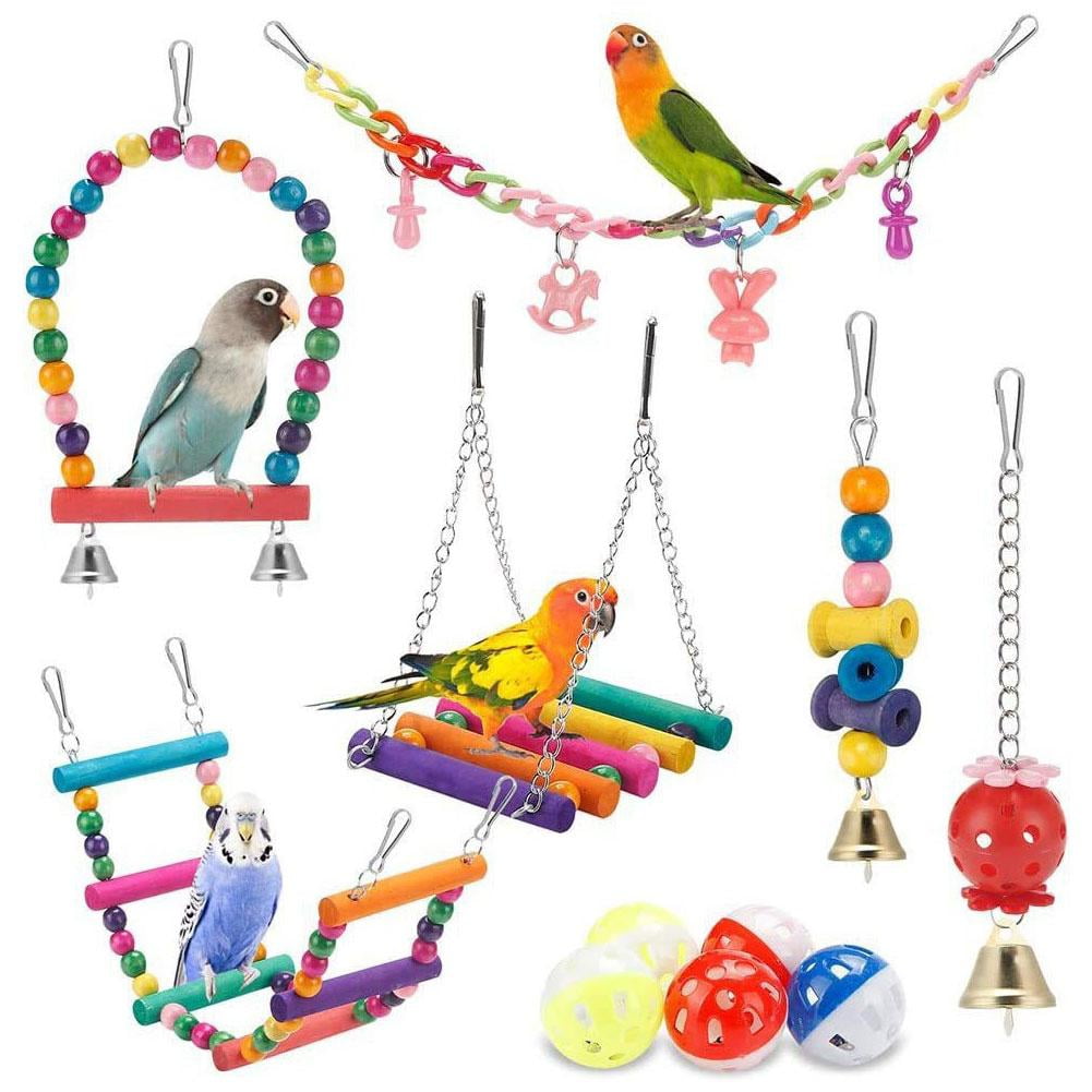 HPDL Bird Cage Toys For Parrots Wood Birds Swing Chewable Bite Bridge Wooden Toys Parrot Bird C5t2 Beads 11pcs Toy Shape