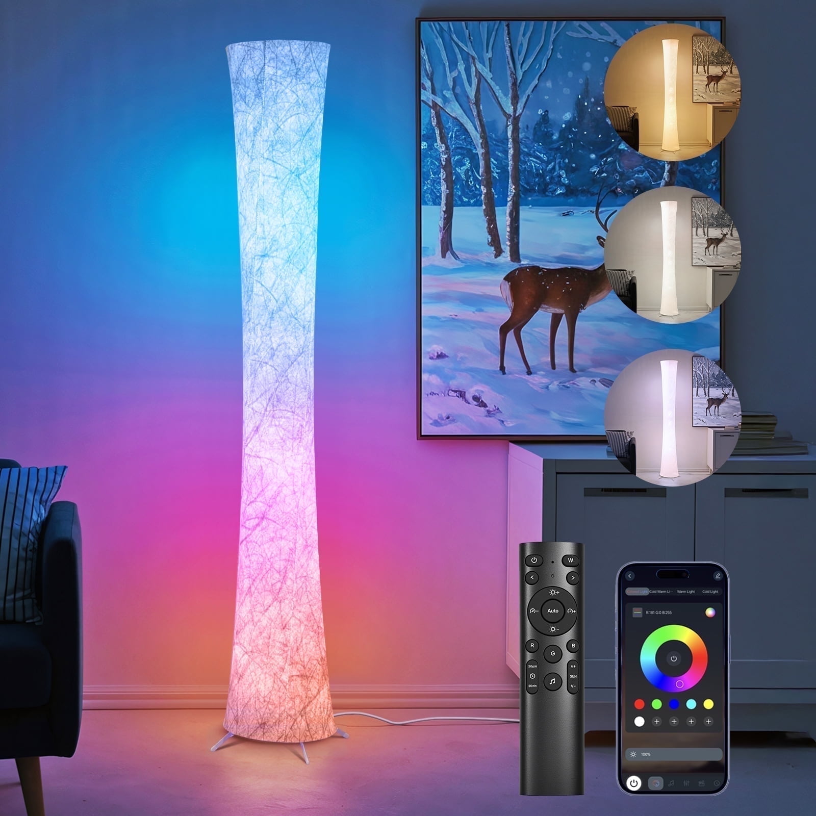 Floor Lamp, 61'' Smart RGB LED Corner Lamp with Music Sync and 16 Million DIY Colors, 3 Color Temperature, APP & Remote Control, Color Changing Standing Floor Lamp for Bedroom Living Room