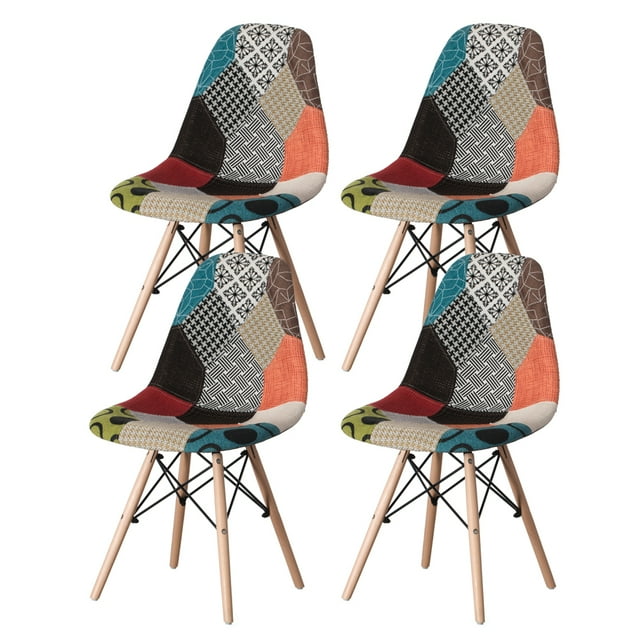 Modern Fabric Patchwork Chair with Wooden Legs for Kitchen, Dining Room, Entryway, Living Room, Set 4