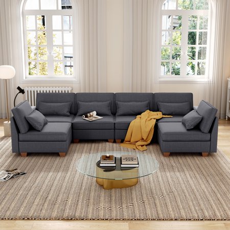 Jarenie 112.6" U-Shaped 6 Seats Modular Sectional Sofa with Storage Seats and Phone Holder - 112.6 Dark Grey