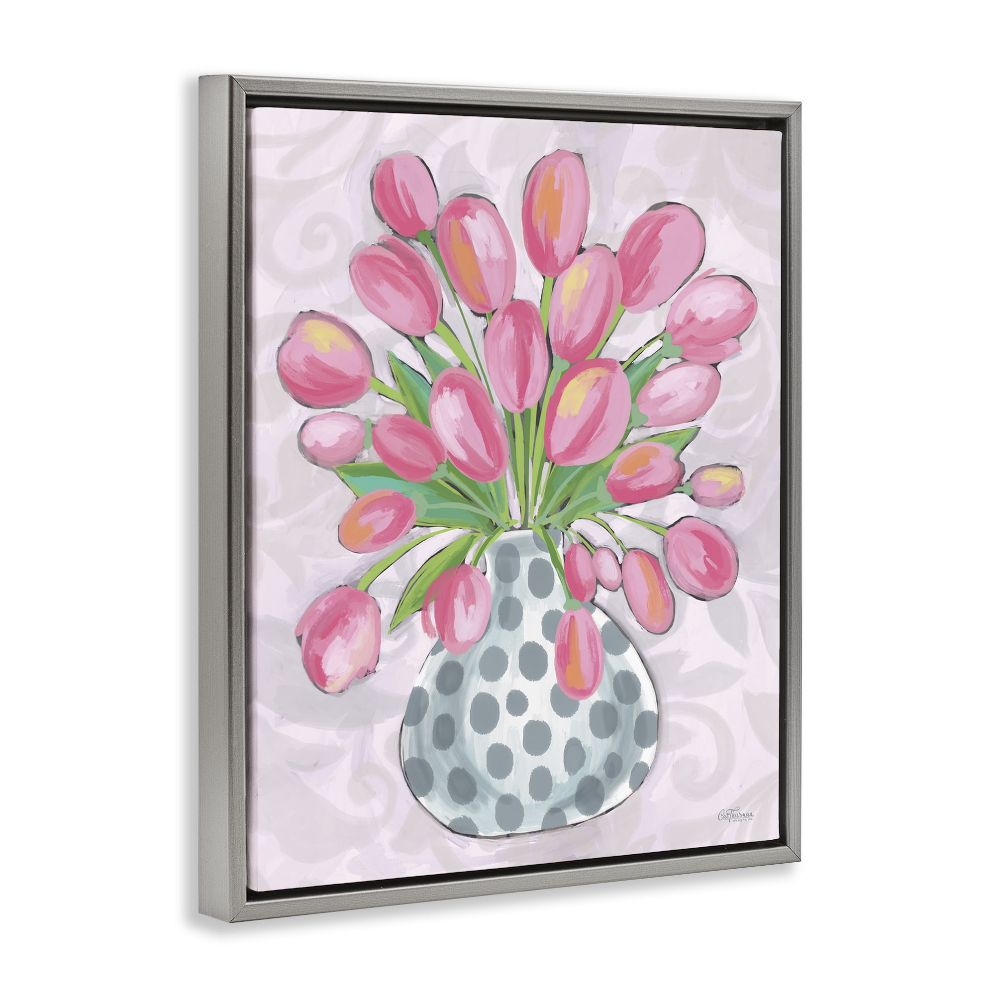 Stupell Industries Round Pink Tulips Botanical & Floral Painting Gray Floater Framed Art Print Wall Art, 17 x 21