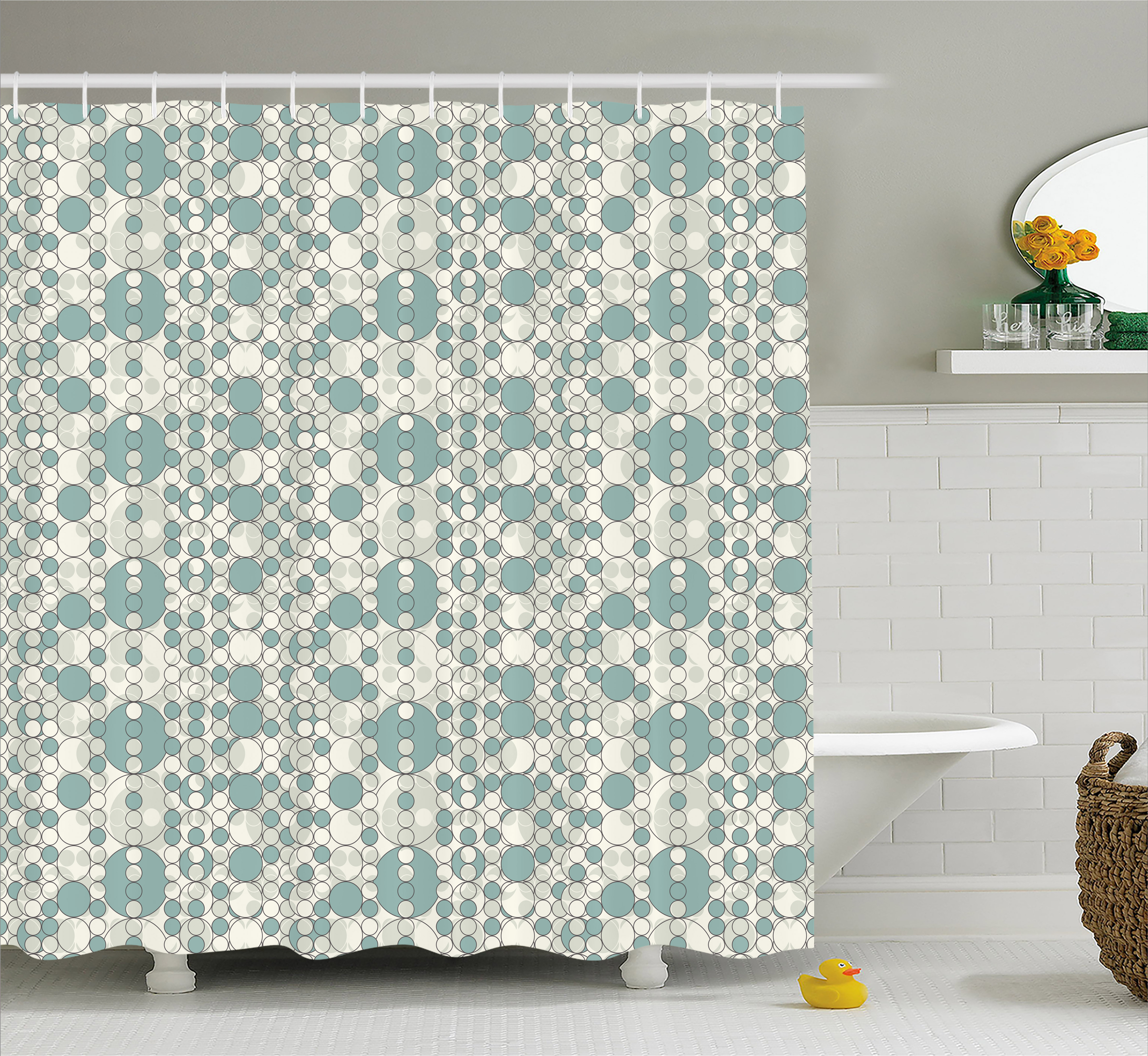 Retro Shower Curtain, Abstract Circles Linked Round Geometric Forms in