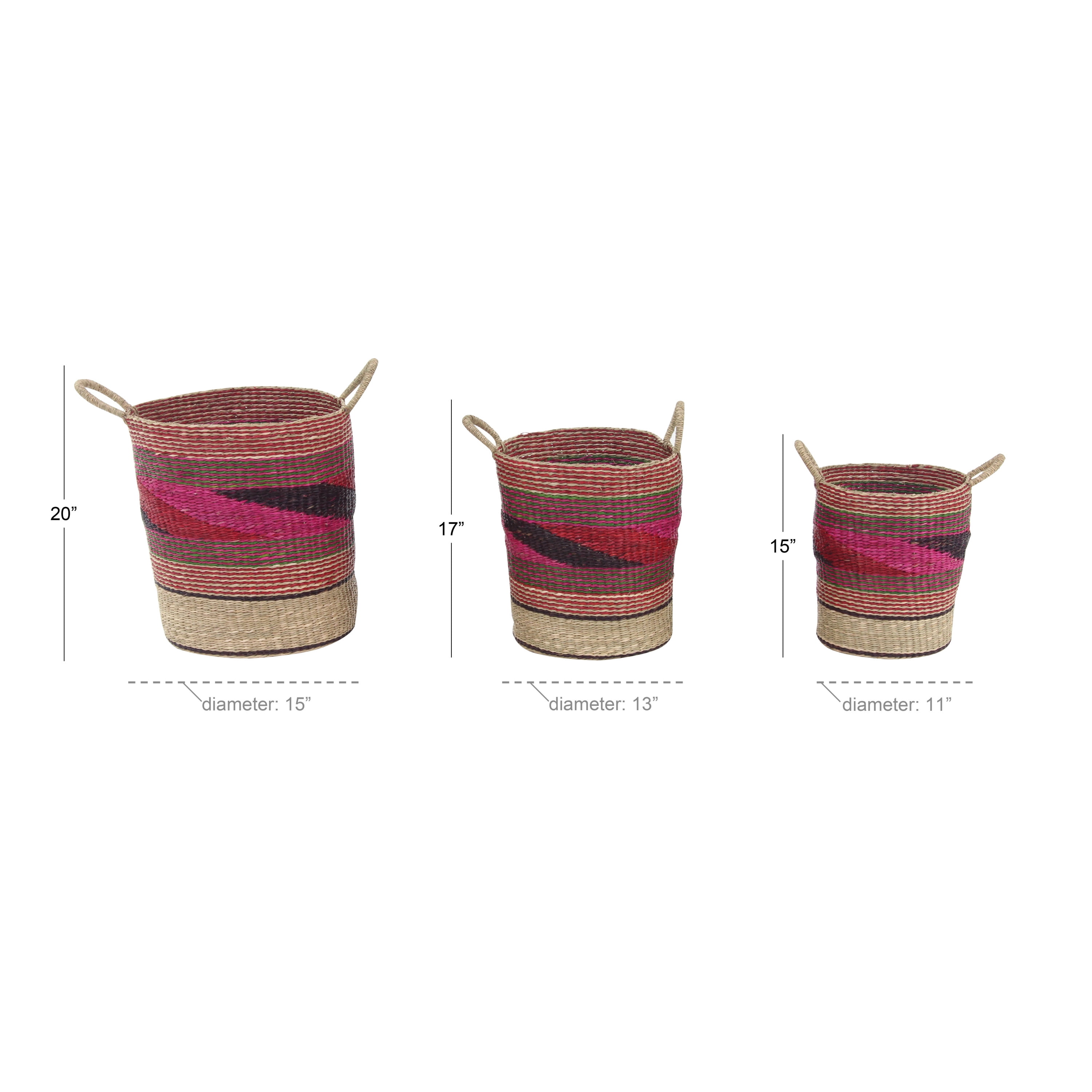 DecMode 15", 17", 20" Pink Sea Grass Eclectic Storage Basket, 3 - Pieces