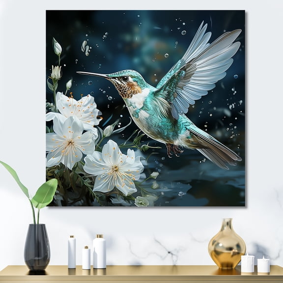Designart "Dancing Hummingbird Green Floral Elegance" Animals Wall Art - Modern Green Hummingbird Entryway Wall Art Print
