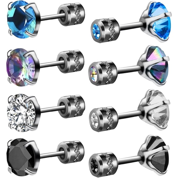 Surgical Stainless Steel Titanium Screw Back Earrings For Men, 5A Cz Double Side Hypoallergenic Stud Earrings Set Gift For Men Women[Z4927]