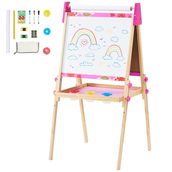CONCETTA Kids Easel, Double-Sided Magnet Whiteboard & Chalkboard with Paper Roll, Storage Shelf & Accessories, Pink