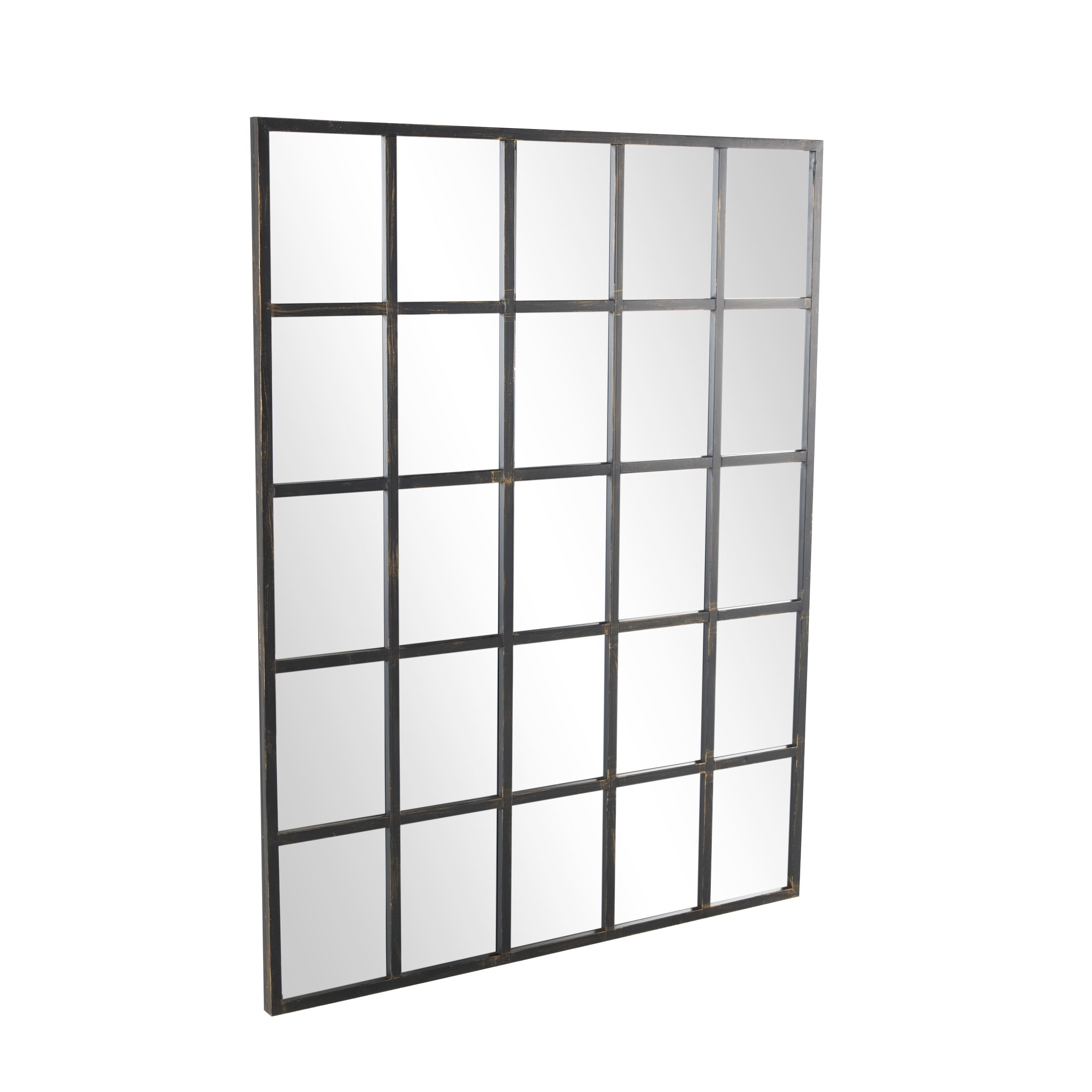 DecMode Contemporary Squre Wood Window Shaped Wall Mirror, 56"W x 44"H with Distressed Brass Colored Frame
