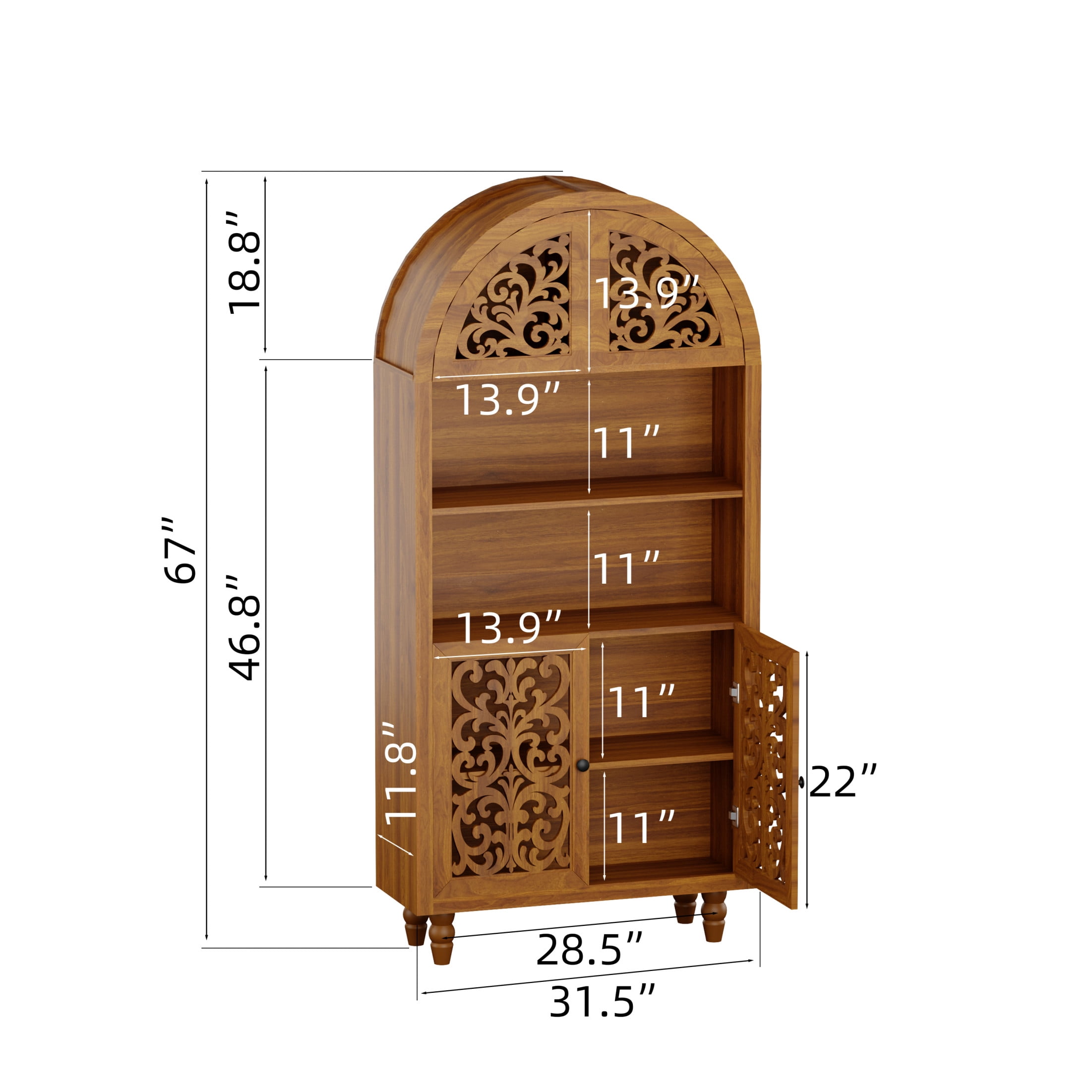 Noble House 67" Vintage Arched Storage Cabinet with Open Shelves, Carved Wood Bookcase, Walnut