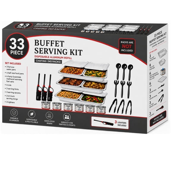 VeZee 33 Piece Disposable Buffet Serving Refill Chafing Set with Aluminum Pans, Lids, Fuel Cans, Utensils & Lighters (No Racks)