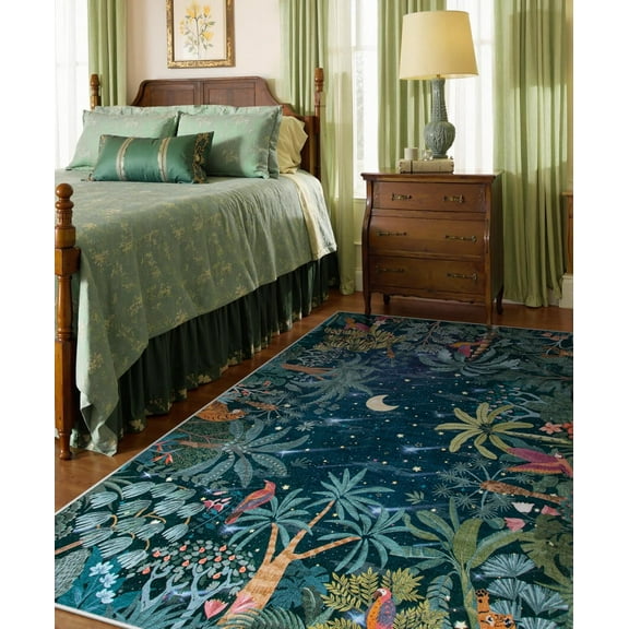 Midnight Jungle Green Rug, Washable Rugs 5x7 for Bedroom Aesthetic, Soft Large Office Area Rug Botanical Stain Resistant Non Slip Dining Room Carpet for Under Table Living Room