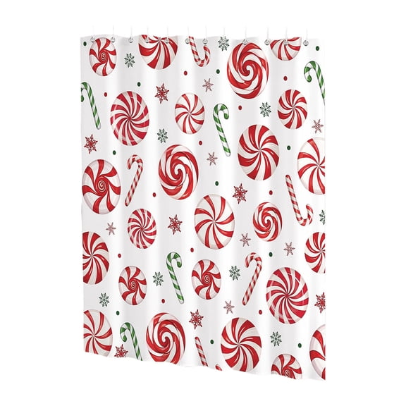 Christmas Candy Cane Shower Curtain Set with Hooks, Waterproof Polyester Fabric, Peppermint Swirl Snowflake Print for Xmas Holiday Bathroom Home Decor