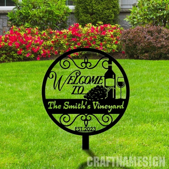 Craftnamesign Custom Outdoor Vineyard Metal Sign With Stakes, Vineyard Farm Name Garden Yard Decor