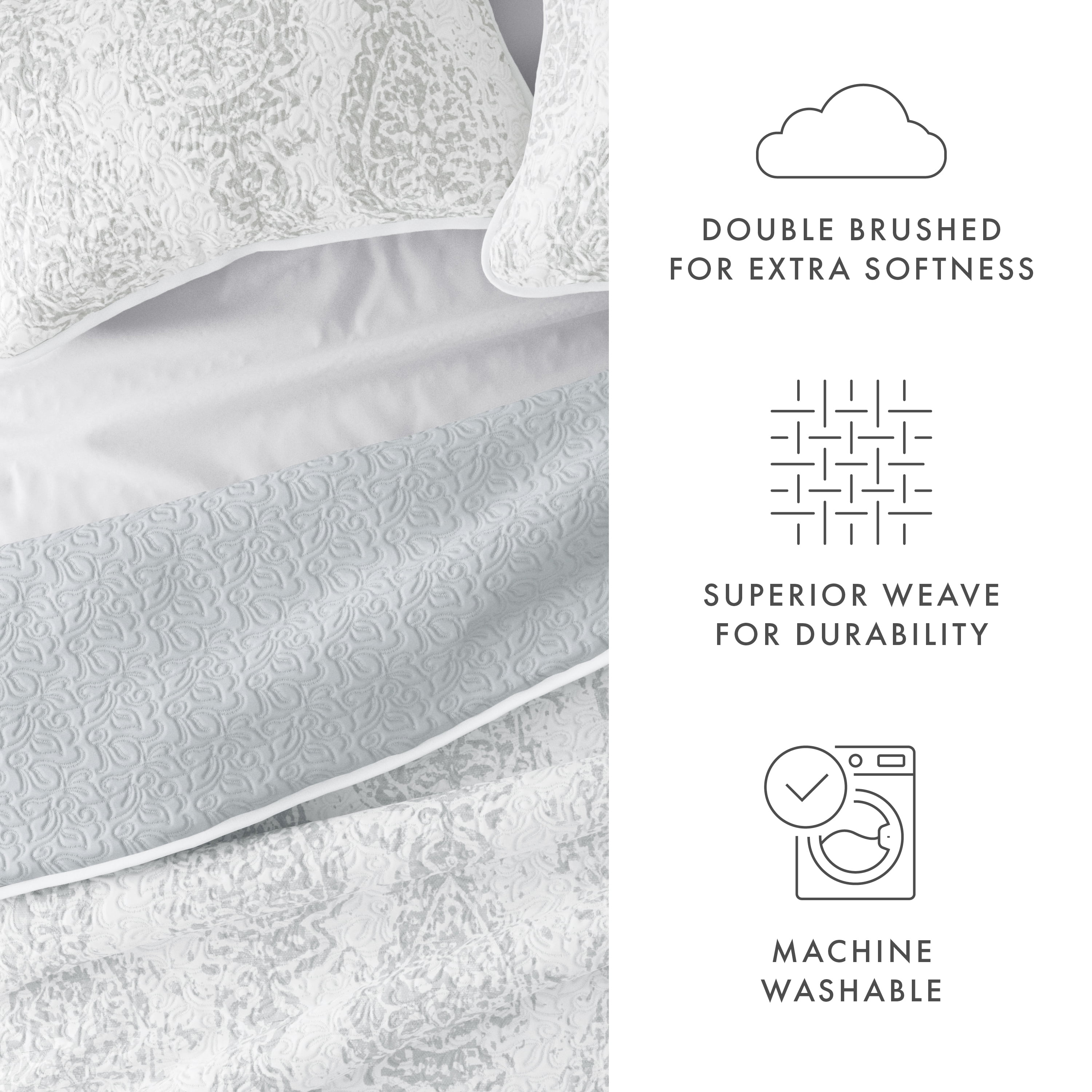 Noble Linens Light Gray 3 Piece Distressed Damask Reversible Print Quilt Set, King / CalKing