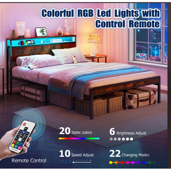 YDSM   Full Size Metal Bed Frame with Headboard and Footboard, LED Lighting, Black Heavy Duty Mattress Foundation with Steel Slat Support, Noise Free,81.73"L x 54.13"W x 38.96"H