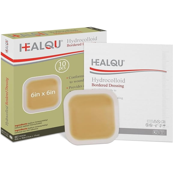 Healqu Hydrocolloid Wound Dressing - 6x6" Box of 10 Sterile Bordered Bandages - Large Waterproof & Absorbent Patches for Bed Sores, Abrasions, and Wound Care