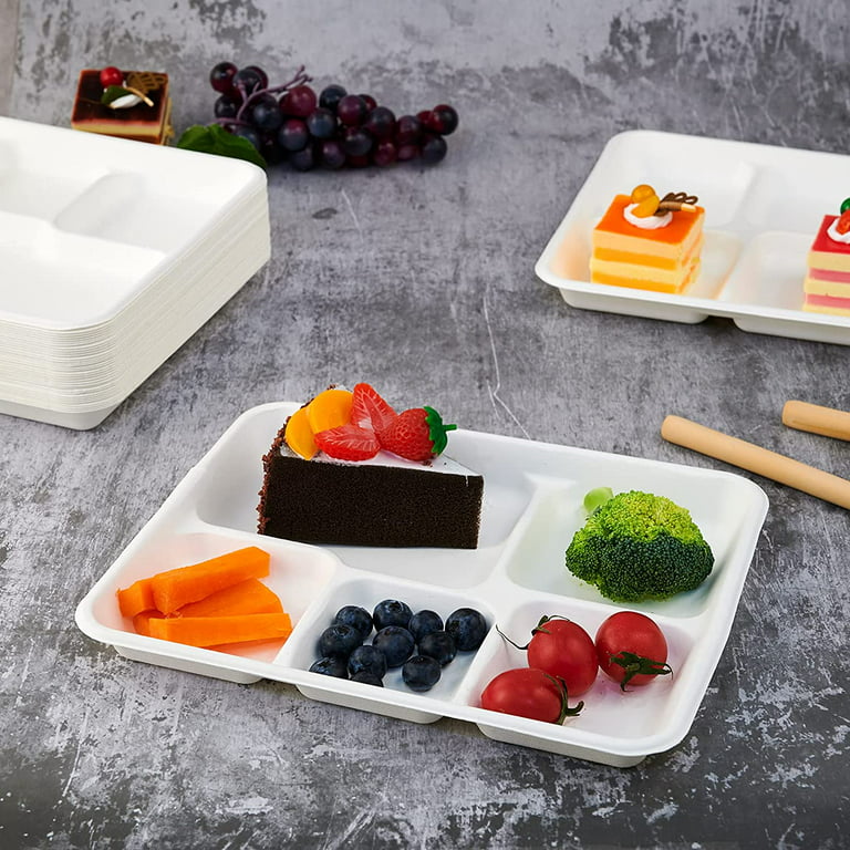 500 Pack 5 Compartment Plates, 100% Compostable Paper Plate, 10.25*8.5 inch  Disposable School Lunch Trays, Eco-Friendly Bagasse Plates for School