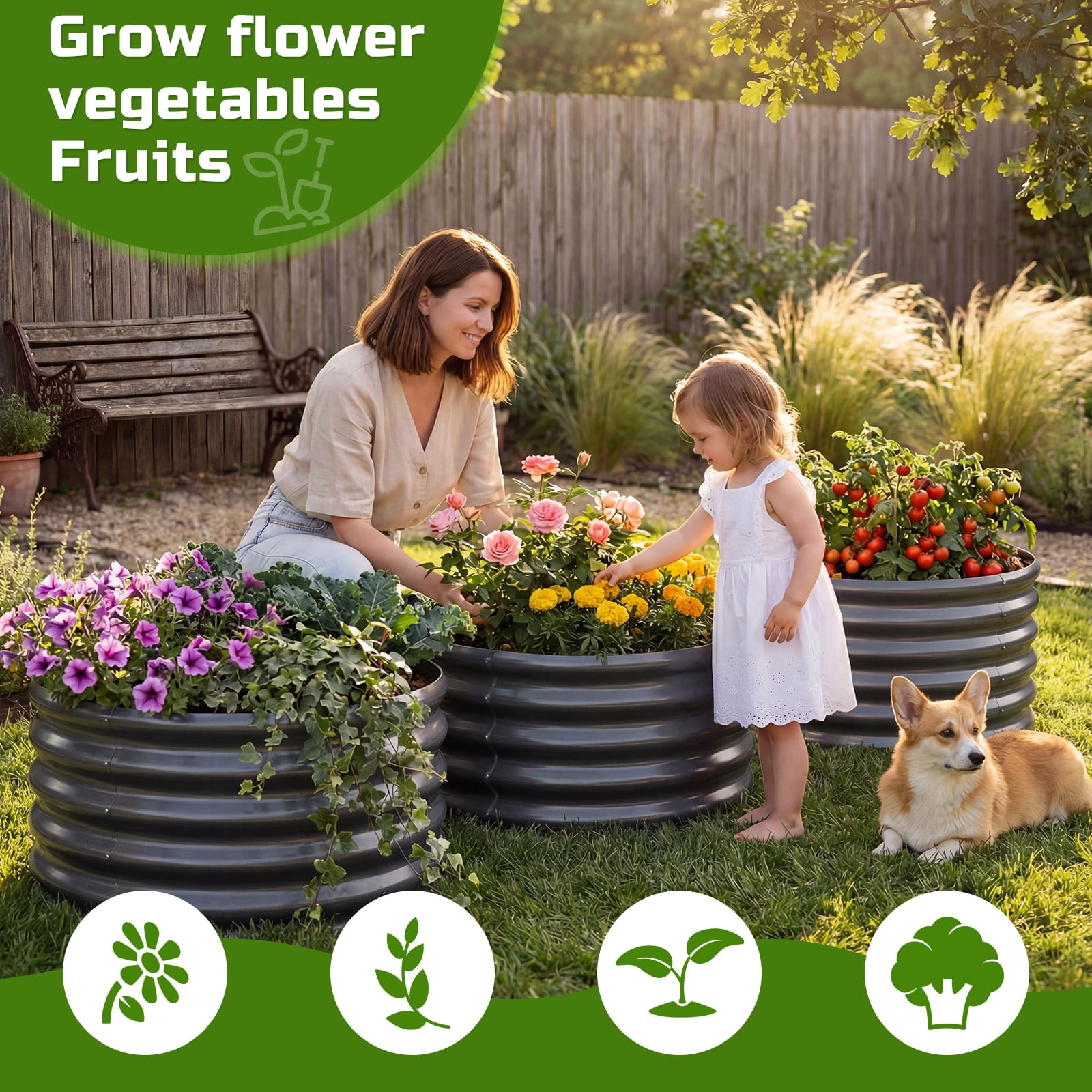 3PCS 2x2x2ft Galvanized Raised Garden Bed Kit Round Metal Flower Box Large Planter Raised Beds Outdoor Garden for Planting,Fruit,Herb Grey