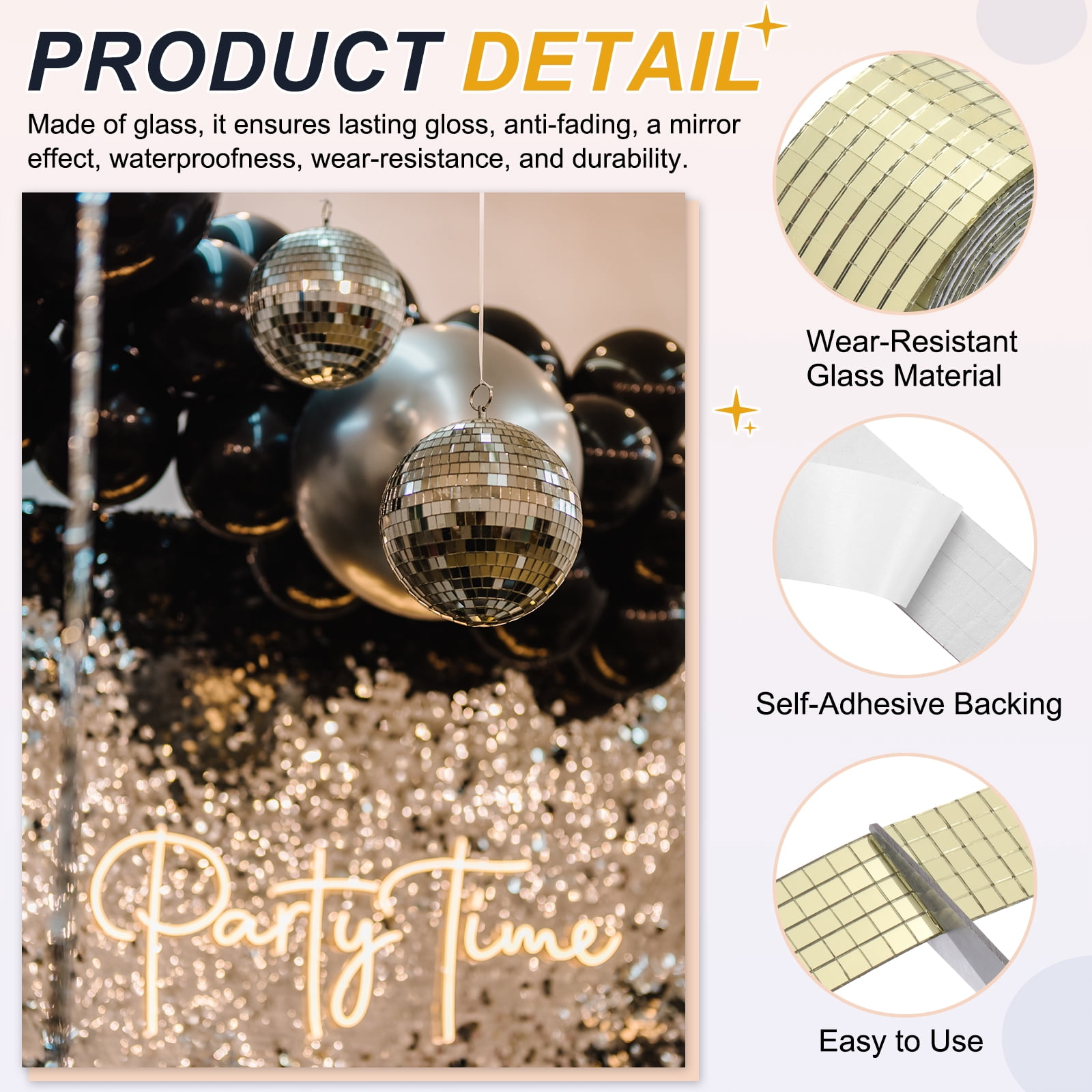Uxcell 5x5mm Self Adhesive Mirrors Mosaic Tiles, 6400 Pcs Square Mini Glass Mosaic Disco Tile Sticker for DIY Craft Disco Ball Party Decoration, Gold Tone