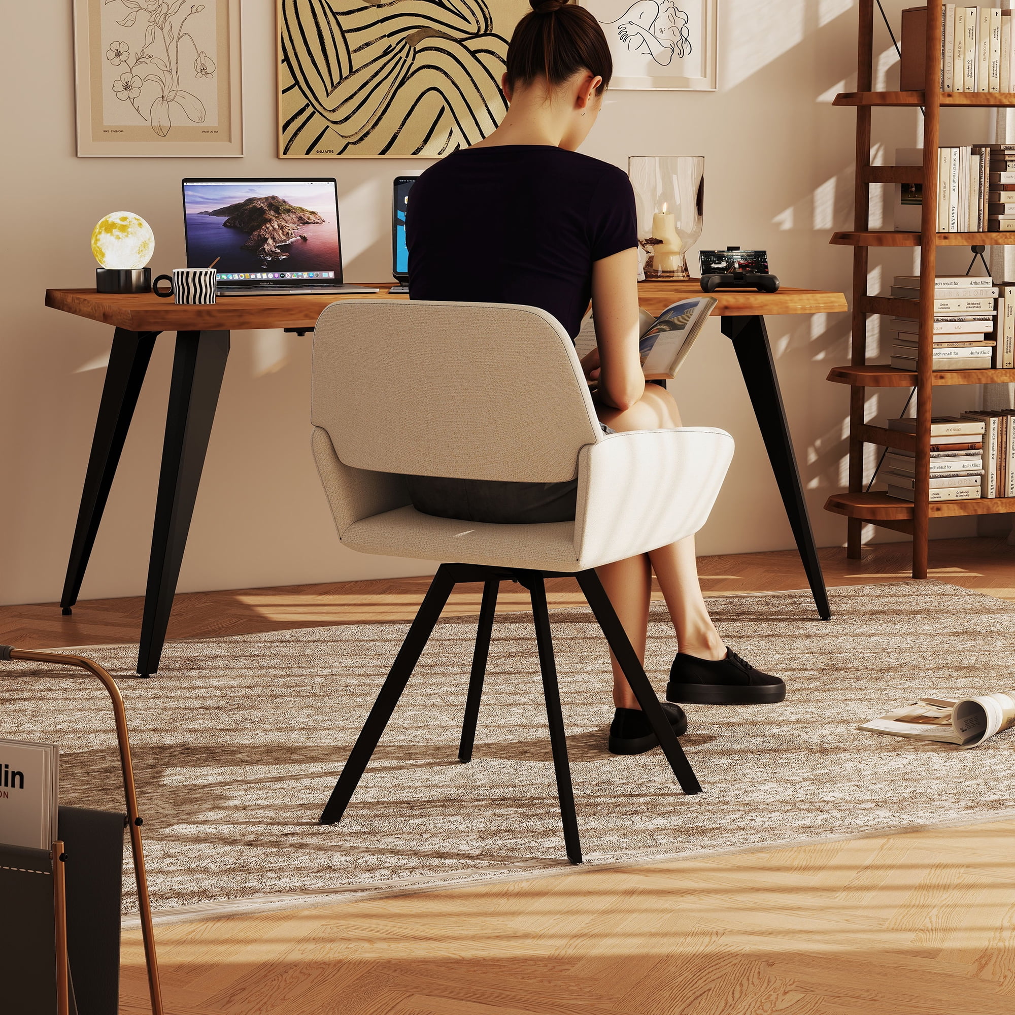 Lot de 2 chaises de bureau rembourrées Homy Casa avec base pivotante et accoudoirs pour bureau à domicile moderne, tissu beige