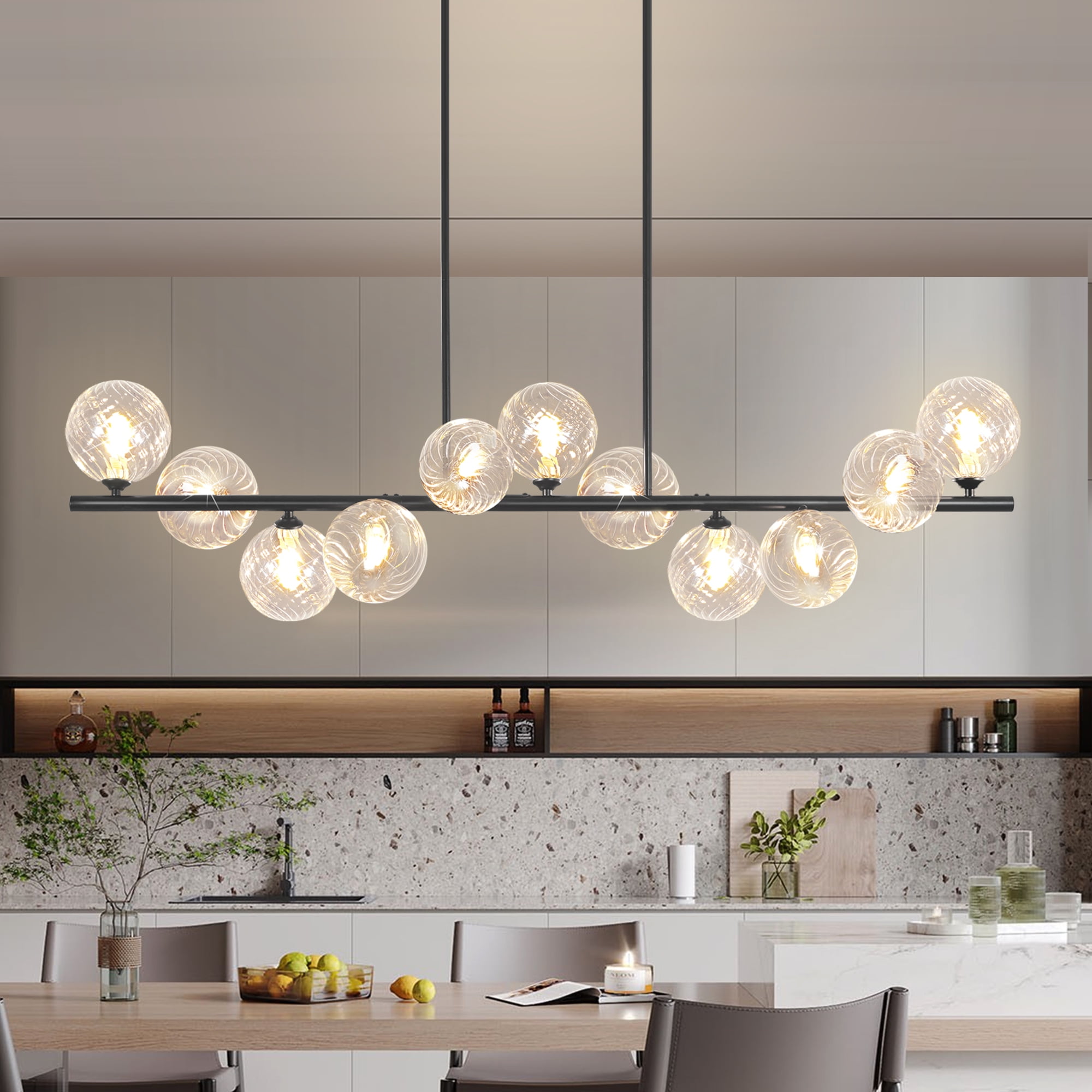 Auffel Linear Chandelier Chandeliers for Dining Room with Clear Swirled Glass Globe Dining Room Light Fixture for Kitchen Island Living Room 51inch 11-Lights Black