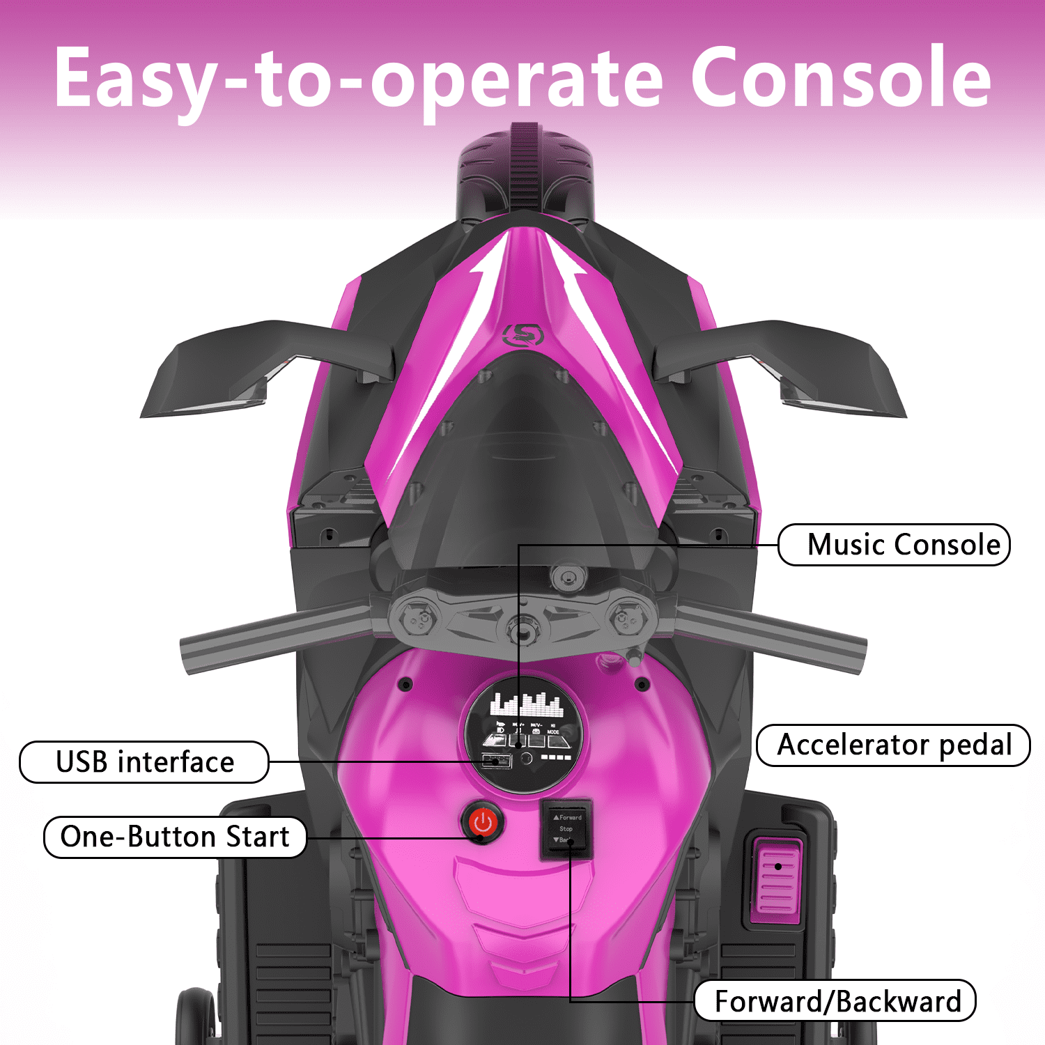 TaTee 12V Kids Electric Motorcycle, Battery Powered Ride-On Toy with Training Wheels for Boys & Girls Ages 3-6, Bluetooth Music & LED Lights, Purple