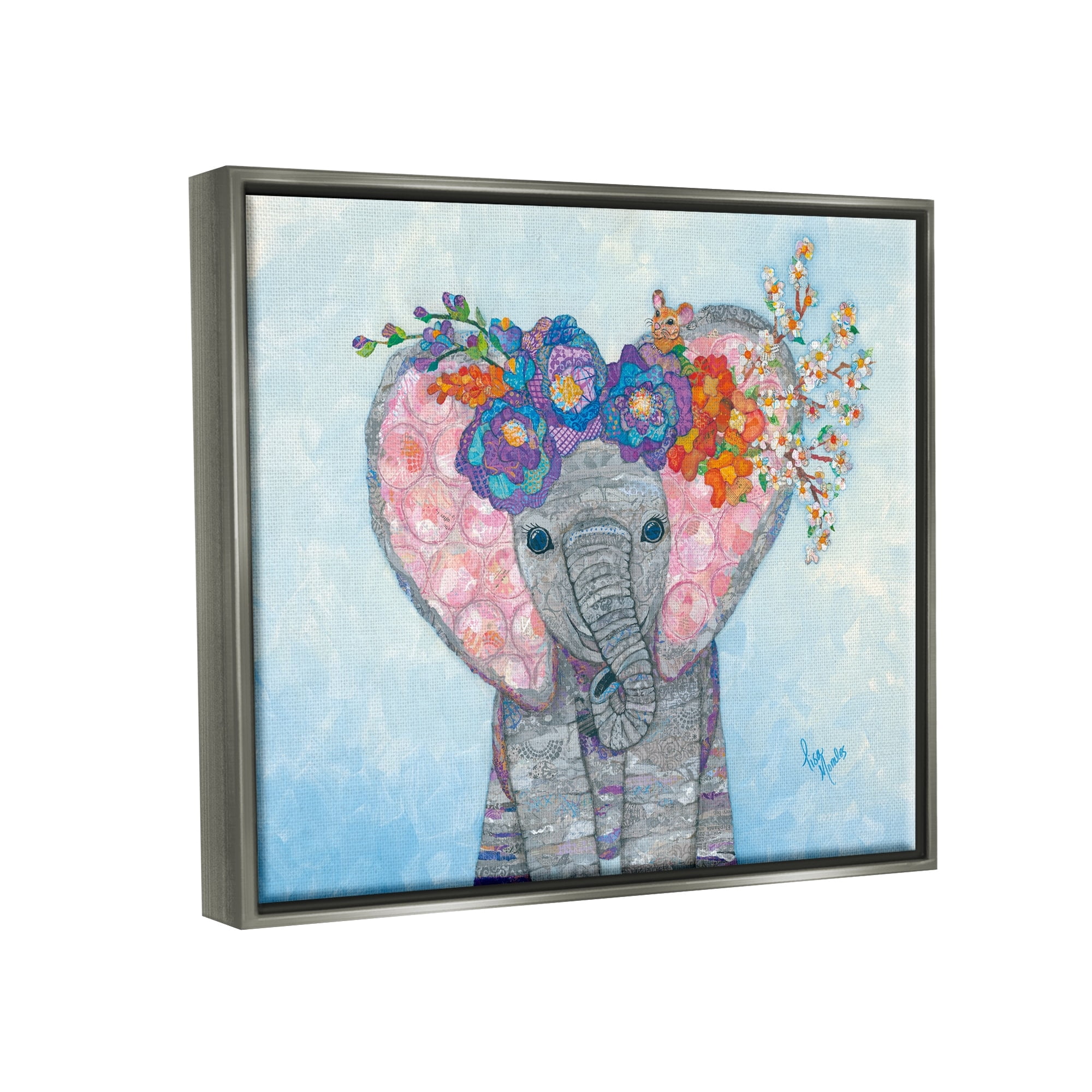 Stupell Industries Baby Elephant & Mouse Decorated Flower Blossoms Collage Painting Luster Gray Floating Framed Canvas Print Wall Art, Design by Lisa Morales