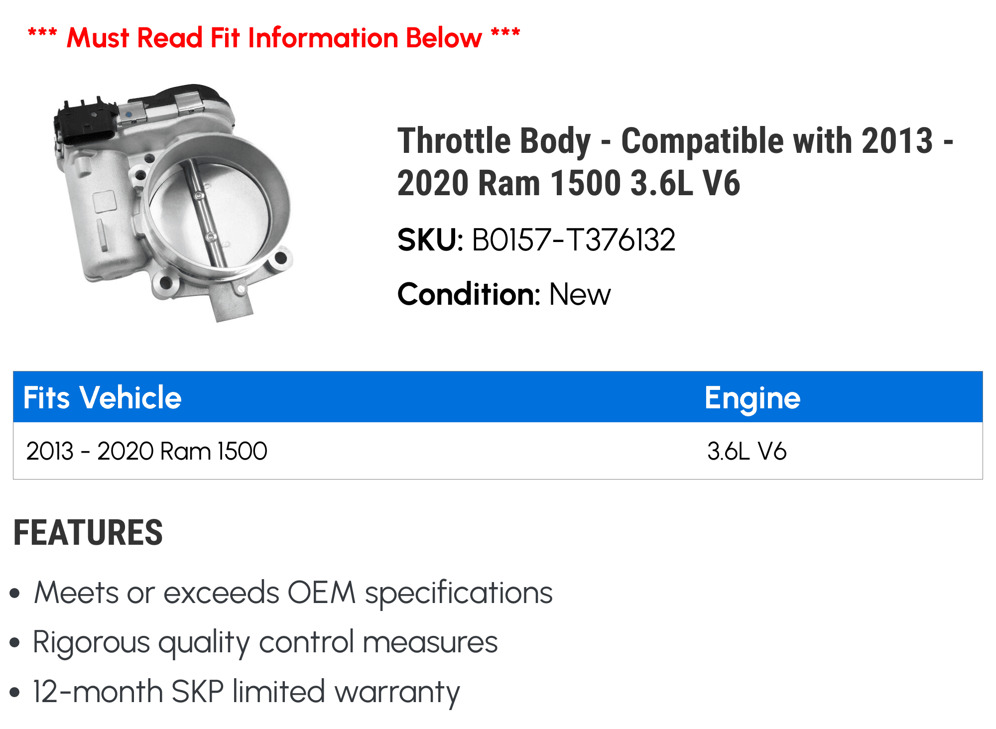 Throttle Body - Compatible with 2013 - 2020 Ram 1500 3.6L V6 2014 2015 2016 2017 2018 2019