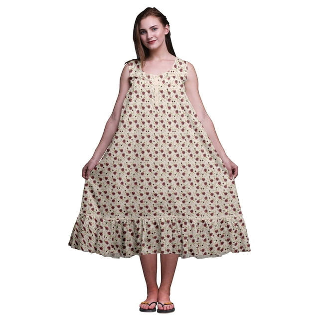 Bimba Ivoire3 Feuilles Florales et Chrysanthèmes Imprimés Chemises de Nuit en Coton pour Femmes Robe Sans Manches Tenue de Nuit Robe Maxi XXX-Large