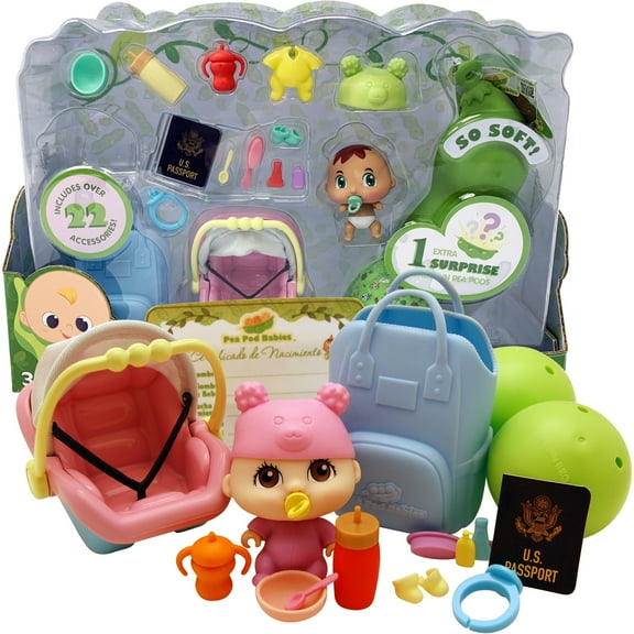 Pea Pod Babies: Little Traveler - 23pc Playset - Surprise Miniature Doll, Car Seat-Diaper Bag-Accessories, Birth Certificate, Open-Reveal Toy, Kids 3 