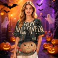 thumbnail image 6 of Women’s Halloween Handprint Graphic Henley Button Neck Short Sleeve Cotton Linen Shirt with Chest Pocket Casual Fit, 6 of 7