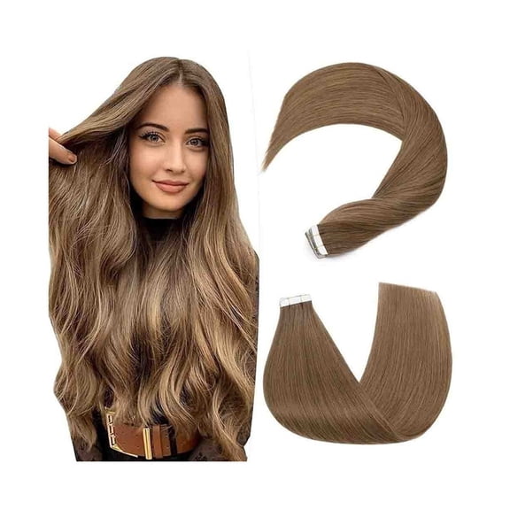 Tape In Hair Extensions Real Human Hair Silky Straight #6 Chestnut Brown Seamless Invisible Tape in Extensions 16-26 Inches 20Pcs 50g