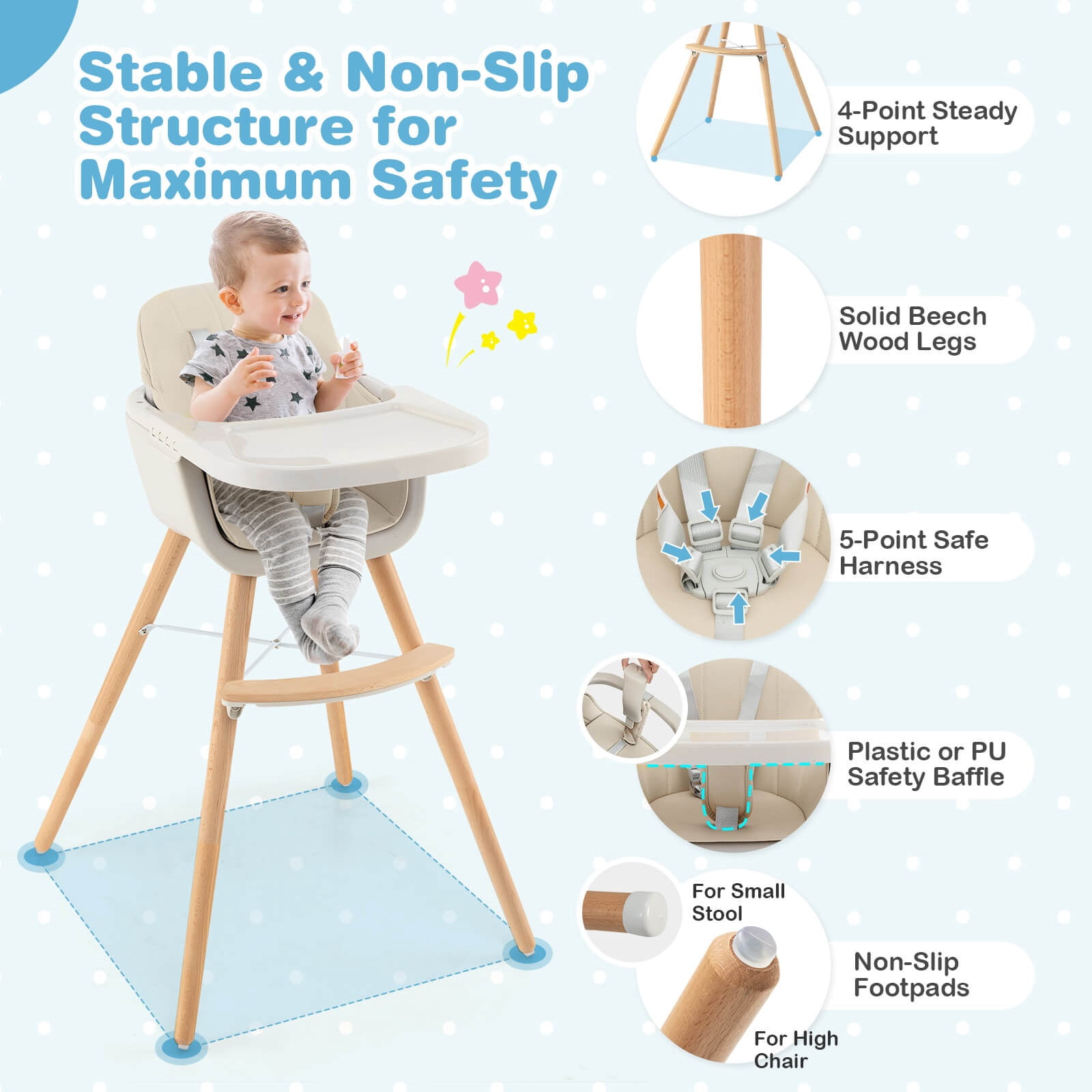 Infans 3 in 1 Convertible Wooden High Chair Baby Toddler w/ Cushion Beige
